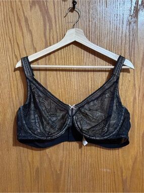 Cacique‎ Black Sheer Lace Underwire Bra with Pink Bow Sz 46C